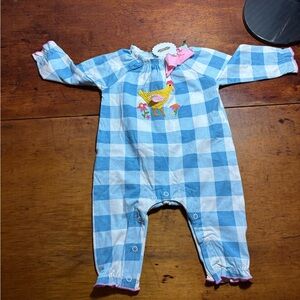 Mud Pie Blue and White Checkered Footie with chicken Embroidery
